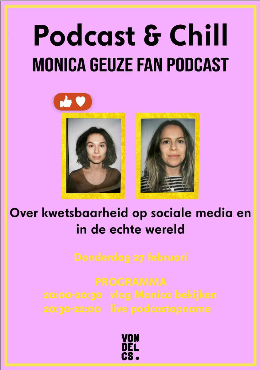 27 februari Podcast &amp; Chill: Monica Geuze Fanpodcast!

Kaartjes zijn inclusief een nader bekend te maken snack! 
eventbrite.nl/e/tickets-podc…

<a href="/LenaBril/">Lena Bril</a> <a href="/DagenNachtMedia/">Dag en Nacht Podcasts</a>