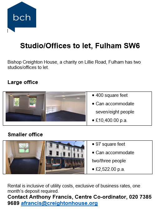 creightoncentr's tweet photo. STUDIO/OFFICES TO LET in Fulham (Bishop Creighton House, 378 Lillie Road, SW6 7PH) - please see advert details below and contact Anthony, the Centre Coordinator, to discuss further #fulhamstudio #fulhamoffice #fulhamstudiotorent https://t.co/9nklc9CMZm