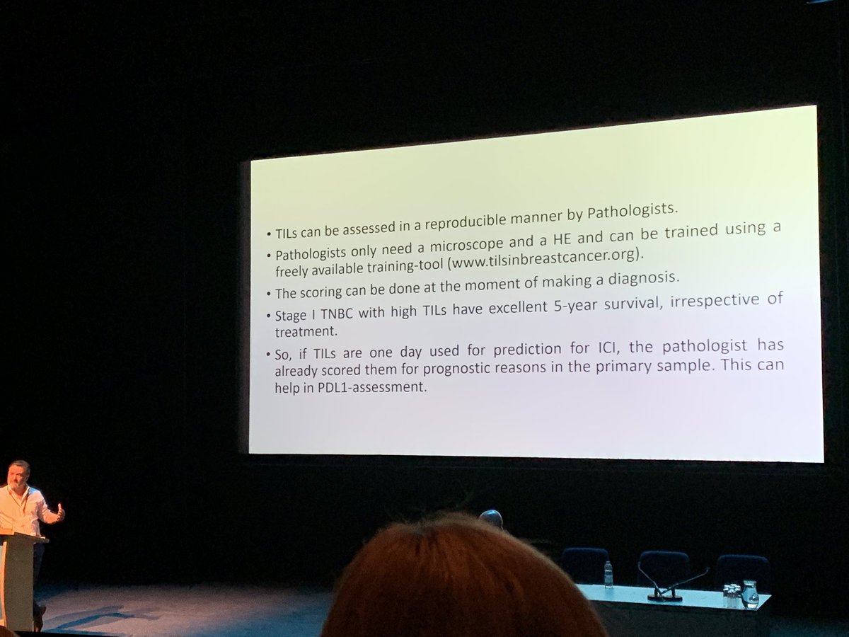 M_TheSurvivor's tweet photo. Tumor infiltrating lymphocytes (TILs) and PDL1 predictive of outcome for early #triplenegativebc. Roberto Salgado argues it’s easy and important to measure TILs in #TNBC patients. Just need a microscope. Free training. #ukibcs @uk_ibcs @BCCare @LivingBeyondBC @KomenAdvocacy https://t.co/gsnl4Xhex5