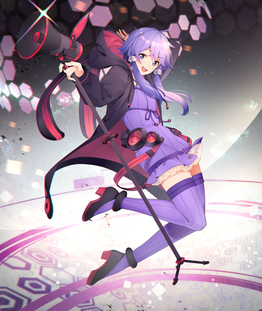 yuzuki yukari 1girl solo purple hair dress thighhighs purple dress purple eyes  illustration images