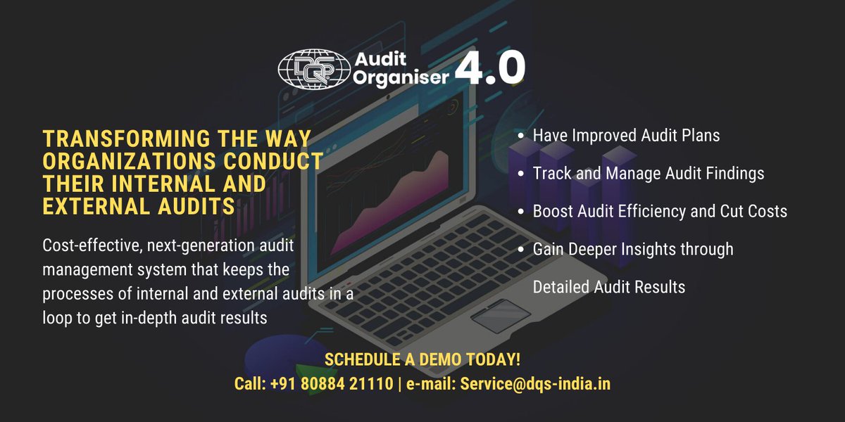 DqsNxt's tweet photo. With DQS Audit Organiser 4.0 transform the way organisations conduct and manage their internal and external audits.
Schedule a free demo today! Call +91 80884 21110 or e-mail: Service@dqs-india.in
#auditmanagementsoftware #internalaudits #qualitymanagement https://t.co/A2ajMDC6Oz