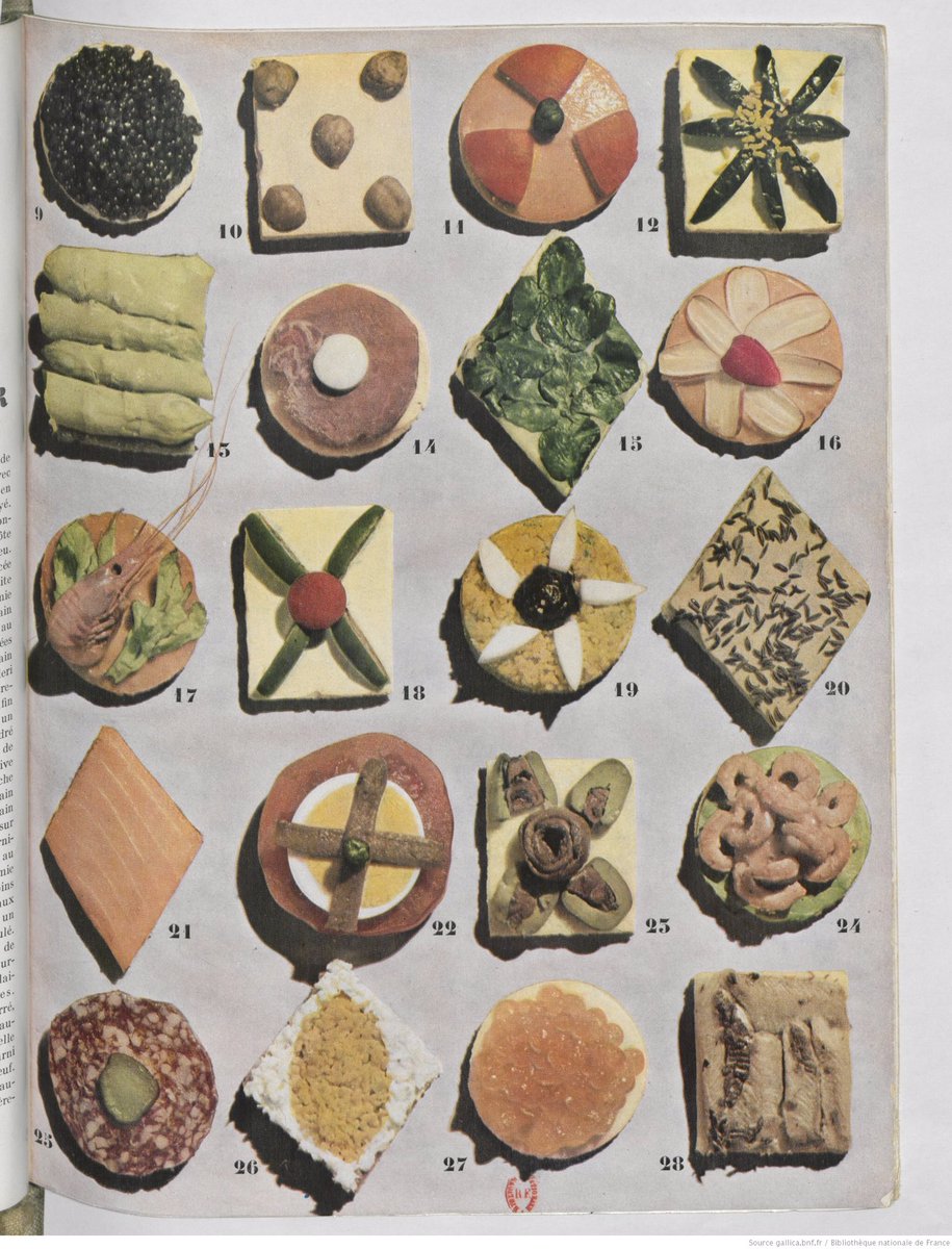 « Beaux à voir, bons à manger » : canapés chics dans les pages gastronomiques de Vogue en 1938. (Bientôt midi, Gallica pense à vous.) gallica.bnf.fr/ark:/12148/bpt…