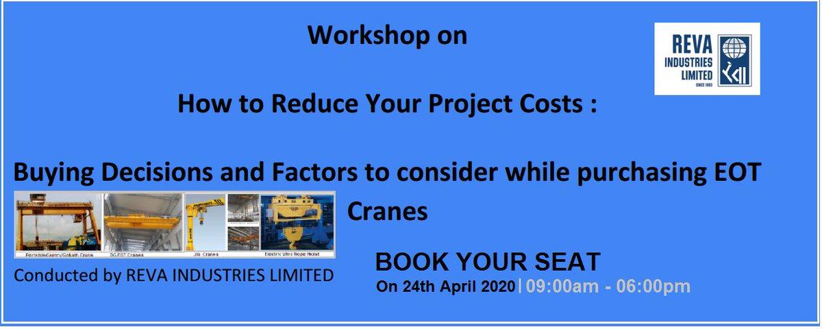 revadmkt's tweet image. Save on your Project Cost – by considering buying factors for Cranes &amp;amp; Hoist
revacranes.com/save-on-your-p…
#FreeTrainingWorkshop  #BookYourSeat