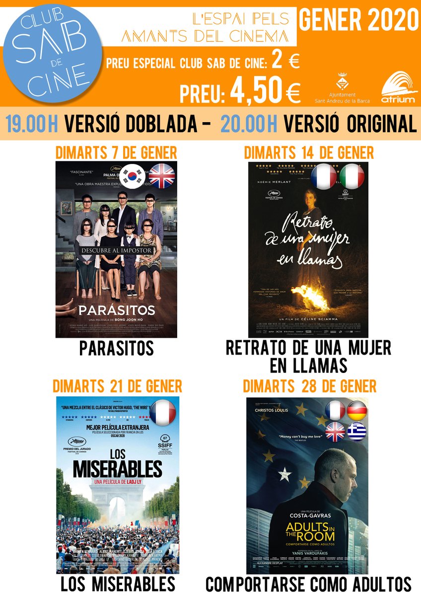 Ajuntamentsab's tweet photo. 🎥 Avui dimarts torna una nova edició del "Club SAB de Cine" l'espai pels amants del cinema. Es projectarà la pel·lícula "Comportarse como adultos" a les 19.00 hores en versió doblada i a les 20.00 hores en versió original
🎬 #CineAtrium #SantAndreudelaBarca https://t.co/fbGAdWweP2