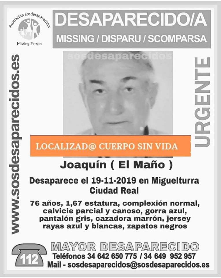 guardiacivil's tweet photo. 📣 Sentimos comunicar que ha sido localizado el cuerpo sin vida de Joaquín, que había desaparecido en #Miguelturra #CiudadReal.
Muchas gracias por vuestra #colaboración en la difusión de la #desaparición.
|#ALERTADESACTIVA! https://t.co/o0tGbME16h