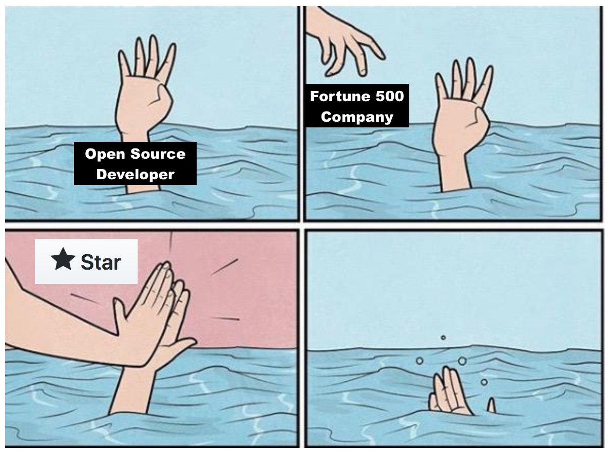 Open source developer drowning, fortune 500 company reaches out, stars repo, leaves developer to drown