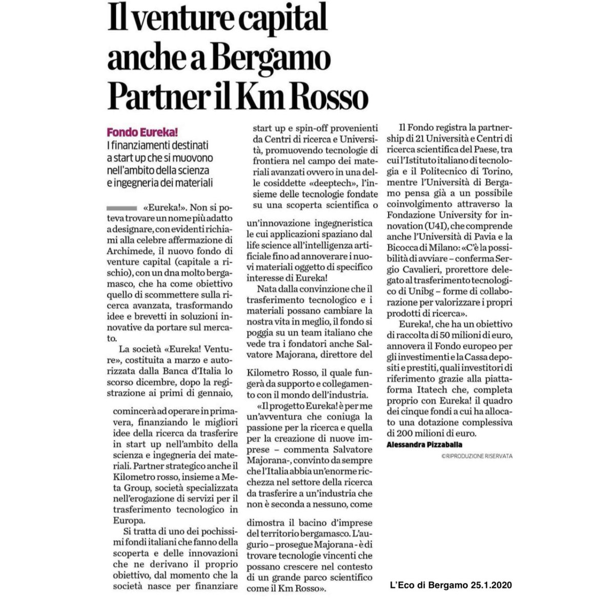 #Eureka si poggia su un team italiano che vede tra i fondatori Salvatore Majorana, direttore del @KilometroRosso, e <a href="/META_Group/">META Group</a>. Thanks to <a href="/webecodibergamo/">L'Eco di Bergamo</a> #venturecapital #deeptech #techtransfer #startup