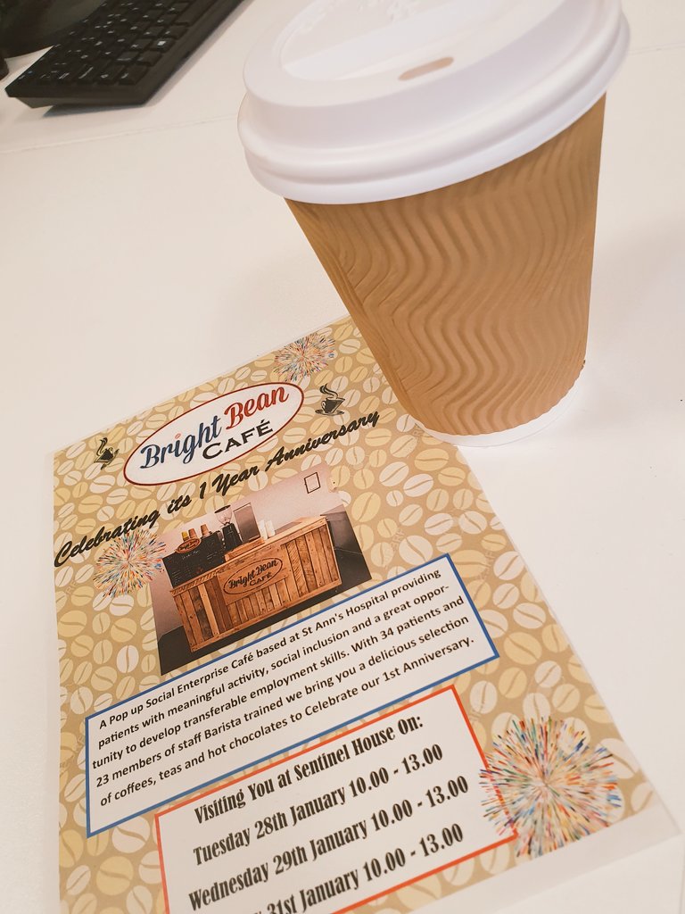 sjf3107's tweet photo. 11 o'clock treat from the Bright Bean Cafe here at Sentinel House today celebrating their 1 year anniversary 🎉 🎈🎉 what a fantastic opportunity for patients @DorsetHealth St Ann's hospital to learn a new skill ☕#coffeetime #wearebettereveryday #dorsethealthcare #celebrations https://t.co/NsocwhL1j1