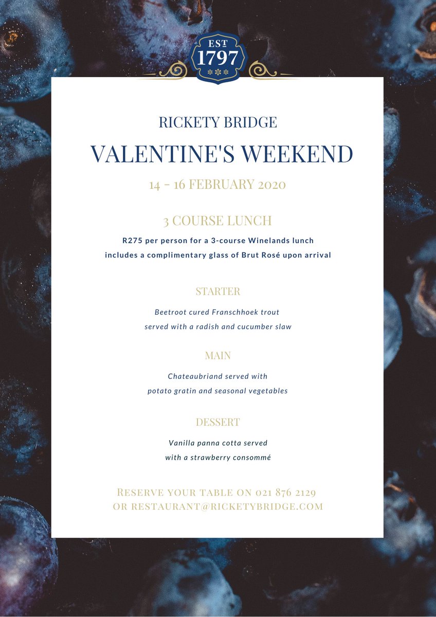 RicketyBridgeW's tweet photo. Join us for a #Valentines inspired #3CourseLunch from 14 - 16 February, between 11h00 - 16h00 at #PaulinasRestaurant. Our a la carte menu will also be available during this time.

Reserve your table on 021 876 2129 or restaurant@ricketybridge.com

🍷

#RicketyBridging #WineNot https://t.co/ta8tpeUQil
