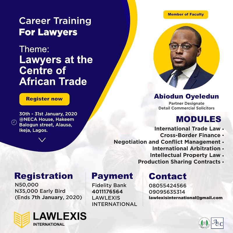 DETAILnigeria's tweet photo. Abiodun Oyeledun, Partner Designate at @DETAILnigeria will be a member of the faculty facilitating the Career Training for Lawyers, holding on the 30th and 31st of January, 2020.
Venue is NECA House, Hakeem Balogun street, Alausa, Ikeja.
#Lawyers #DetailSolicitors #Career https://t.co/v1dJUniDJT