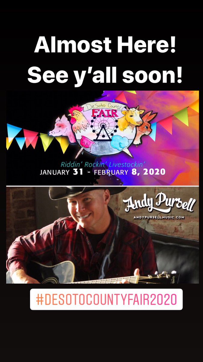 Andy_Pursell's tweet photo. Almost Here! Thursday Feb. 6th, The Desoto County Fair! Performing In My Hometown! We Start At 8:30pm! Hope To See Y’all There! Can’t Wait!🤠🤟🏻
.
.
.
#desotocountyfair2020 #arcadiafl #countrymusic #livininthesaltlife #andypursell #hometown #nashville #unsignedartist https://t.co/lLswanMJMu