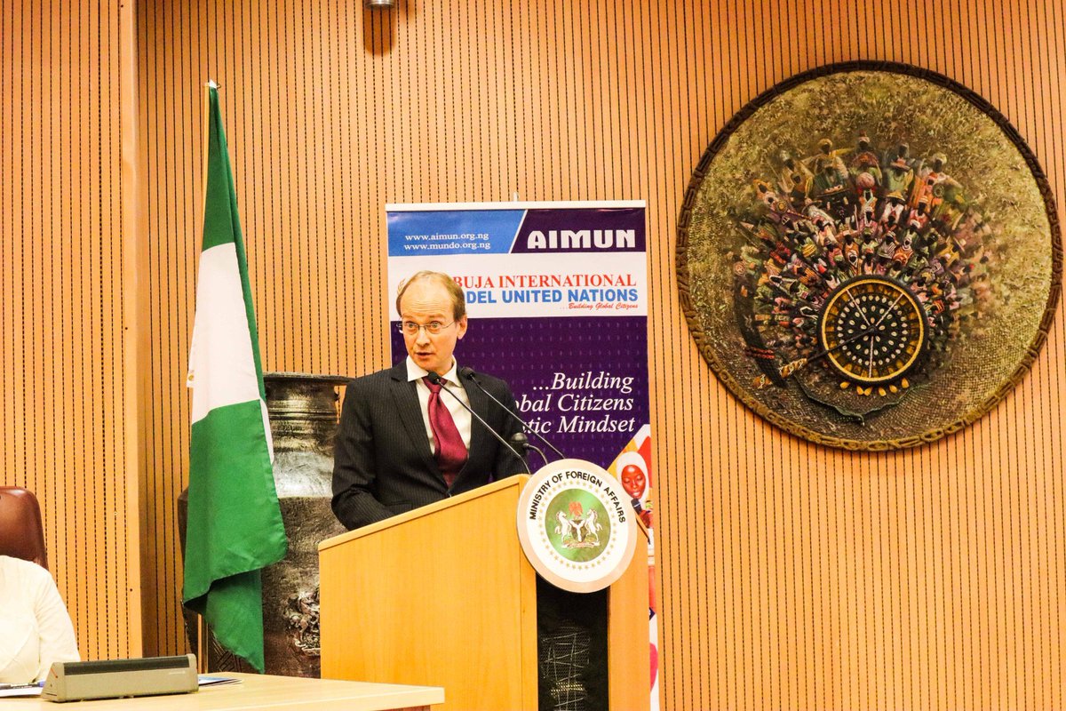 SwedeninNigeria's tweet photo. Ambassador @cmgrans delivering a keynote speech at the 5th General Assembly Session of the Abuja International Model United Nations (@abujamodelun).
He speaks on ”the future we want, the UN we need”, sharing Sweden’s commitment to multilateralism.
#DecadeOfAction
#AIMUN #UNat75 https://t.co/35OLBbxQgu