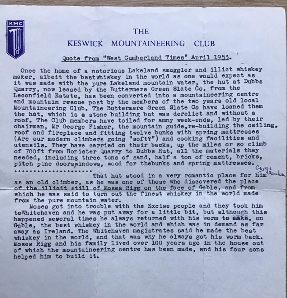 We love a bit of local history. Like a lot of The Lake District, Dubs Hut has a rich history, steeped in illicit whiskey making. George Fisher also spent time working on the building with the Keswick Mountaineering Club to get it back to a usable condition.