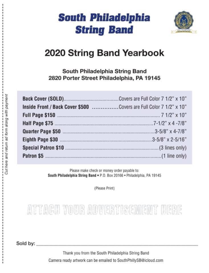 SPStringband's tweet image. Calling all friends and family members who own or work for a business that may be interested in a great advertising opportunity. The Fabulous South Philly String Band will be printing a keepsake yearbook that celebrates our 2020 Championship win on New Years Day.