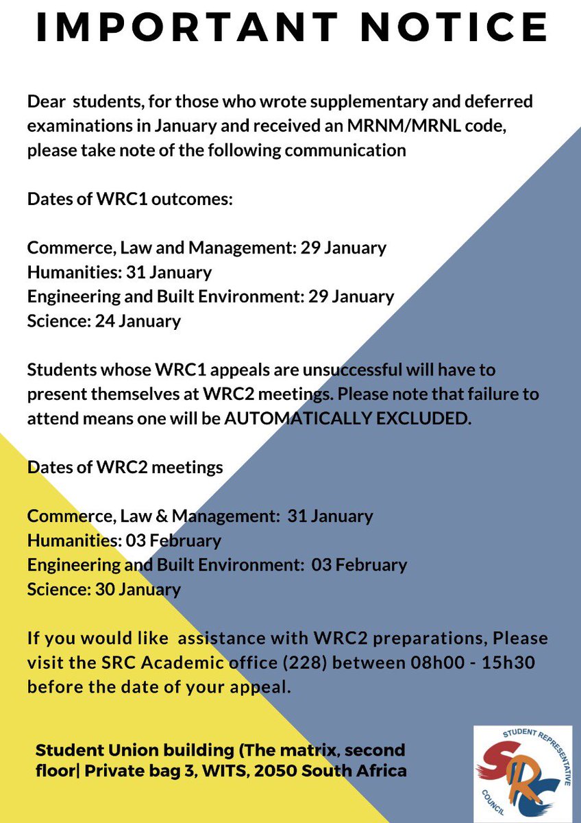 Wits_SRC's tweet photo. IMPORTANT NOTICE FOR THOSE WHO WROTE SUPPLEMENTARY AND DEFERRED EXAMINATIONS https://t.co/0hboeOifg7