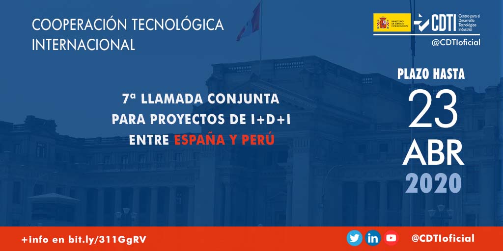 CDTI_innovacion's tweet photo. COOPERACIÓN TECNOLÓGICA INTERNACIONAL | 7ª llamada conjunta entre España y Perú para la financiación de proyectos empresariales de I+D> +info en https://t.co/xuxAqR3tpz 
#CooperaciónTecnológica #ColaboraciónInternacional #bilaterales #Iberoeka #EspañaPerú #AyudasCDTI https://t.co/UtGrZMp0Ww