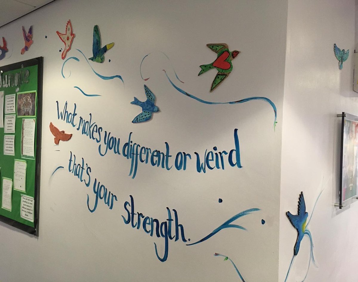 root2wing's tweet photo. Over 500 birds fly through the school singing quotes inspired by the new school vision. 

#birds #painting #communityart #artinschools #schoolvision #community #caring https://t.co/u8KrwZdABl