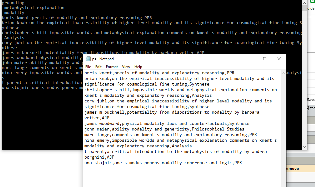 Screenshot showing in the background a dos window with a list of authors, papers, and journals, and in the forefront the same thing in a text document