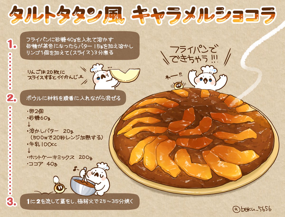 ぼく イラスト料理研究家 ショコラ生地にならないだけで できますよーー ケーキに近いホットケーキにキャラメルりんご が載るイメージです