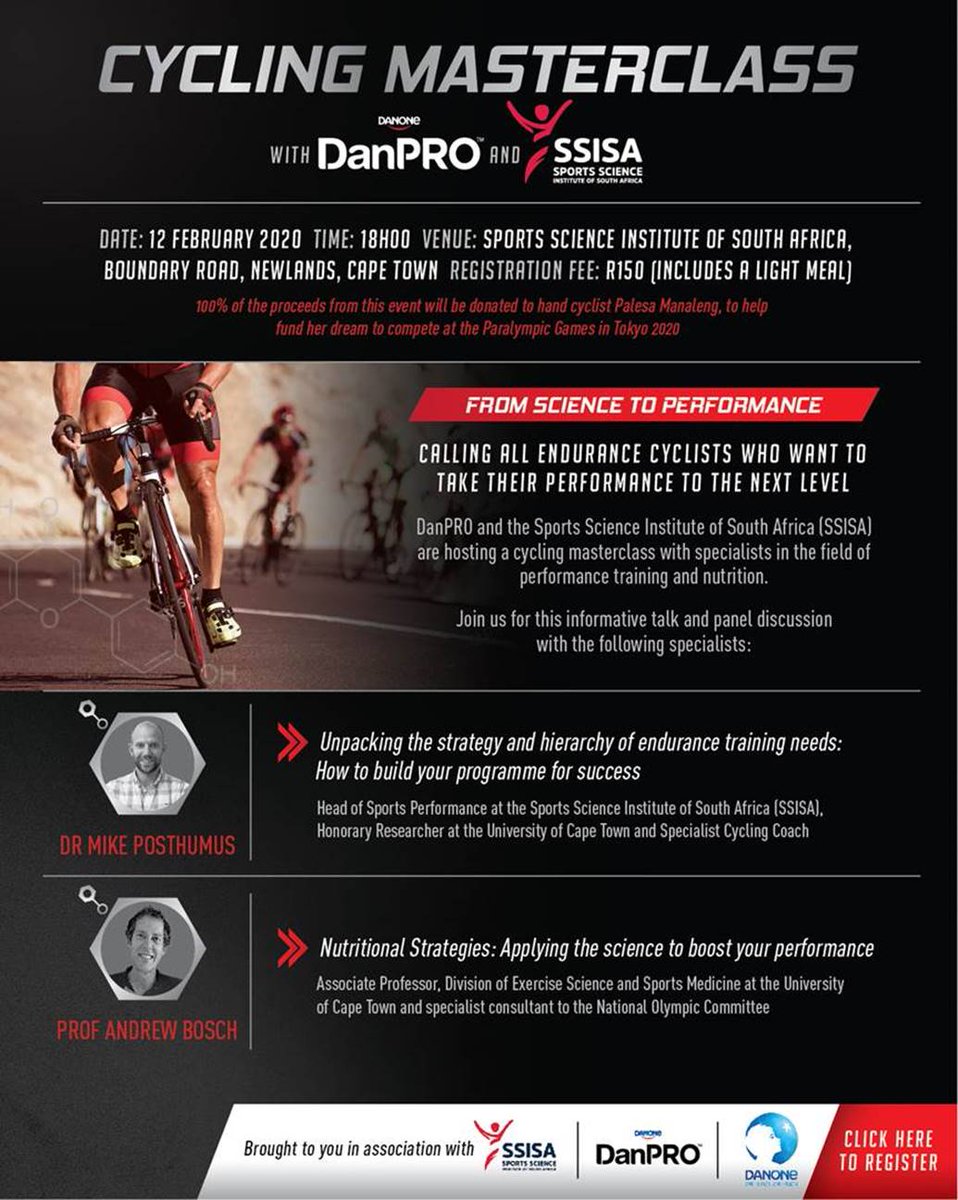 FullSussa's tweet photo. Calling all endurance cyclists who want to take their performance to the next level. Check out this Cycling Masterclass with @Sportscience_sa Sports Science Institute and @DanPro_Danone #mtb ๐ตโโ๏ธ๐ตโโ๏ธ https://t.co/bijUlxpsNo