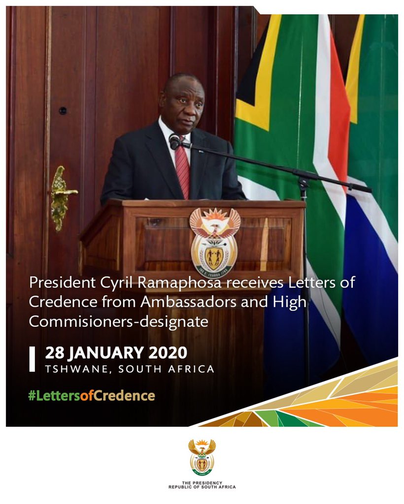 His Excellency President @CyrilRamaphosa receives Letters of Credence this afternoon from Ambassadors & High Commissioners-designate at the Sefako Makgatho Presidential Guesthouse in Tshwane. #LettersofCredence #BetterAfricaBetterWorld