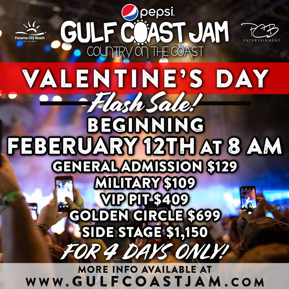 RT to win 2 GA tickets to <a href="/pepsi/">Pepsi</a> <a href="/GulfCoastJam/">Gulf Coast Jam</a>   Its the last time to get tickets this low. 3 days in <a href="/Visit_PCB/">Visit_PCB</a> to get some #countryonthecoast the biggest show we have put together gulfcoastjam.com beginning Feb 12th. LAST CHANCE