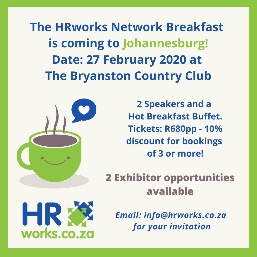 HRworks's tweet photo. HRworks Breakfast is coming to JHB on 27 Feb. email  info@hrworks.co.za for invitation.  Spread the word amongst JHB HR peeps and let's get #HR #networking in johannesburg! #recruitmentconsultants #recruitmentmanager 
#talentsourcing #talentacquistion #diversityandinclusion https://t.co/3SfR6CKavy