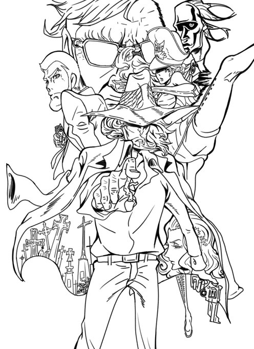 アニメの線画はルパンぐらいか…。
3枚比べて見ると最初の墓標か血煙が描き込みがいいかと。 