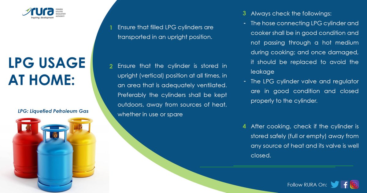 RURA_RWANDA's tweet photo. Learn more about the safe use of Liquefied Petroleum Gas (LPG) at home to prevent possible accidents.

More info on: https://t.co/dv1W9unnzx

#RwOT https://t.co/52ZTZNb0U7
