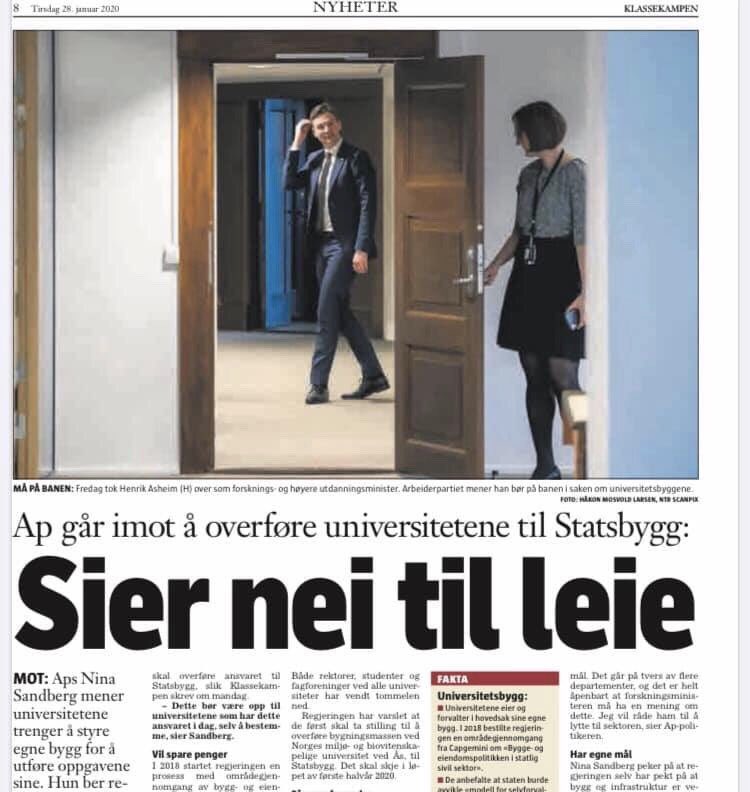 NinaSandberg's tweet photo. Regjeringen vurderer å frata universitetene råderetten over egne bygg.⁦⁦ ⁦@Arbeiderpartiet⁩ ser bygg som viktige for å nå målene for forskning og utdanning. Lærestedene vet hva som er best for dem. Mitt råd til den nye statsråden: Lytt til til sektoren! https://t.co/4OTboLs1Hi