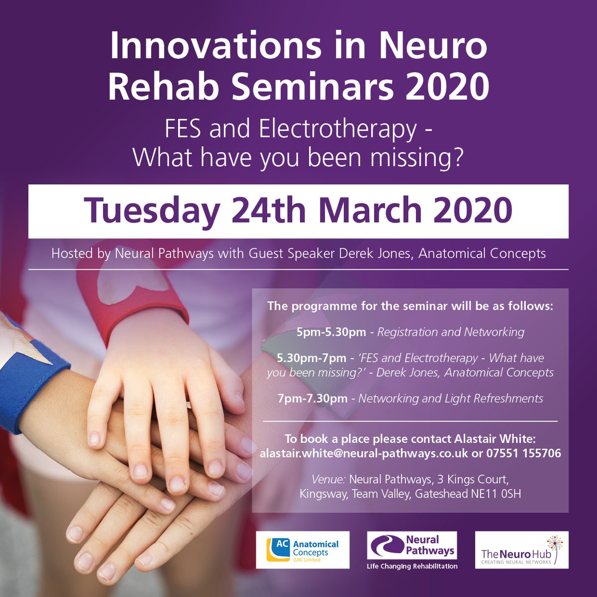 Our next Innovations in Neuro Rehabilitation Seminar is taking place on 24th March 2020 - we have invited along Derek Jones of @AnatomicalUK and his presentation is entitled 'FES &amp; Electrotherapy - What have you been missing?' - see flyer for details <a href="/AlastairWhite10/">Alastair White</a>