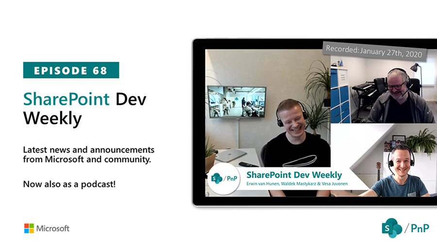 #SharePoint Dev Weekly - Episode 68 with @erwinvanhunen (Valo Intranet). Good discussions on the future of provisioning engine, PnP PowerShell and tenant templates. Weekly updates from Microsoft and community articles. developer.microsoft.com/en-us/sharepoi… #Office365dev #SPDevWeekly #SPFX
