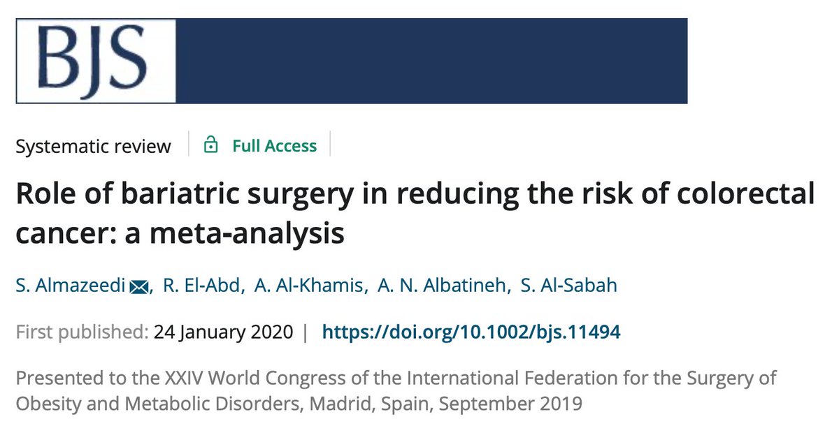 BJSurgery's tweet photo. #EarlyView BJS #SystematicReview receiving a lot of attention in the media and on #SoMe4Surgery:

"Role of #bariatricsurgery in reducing the risk of colorectal cancer: a #metaanalysis" - @altmetric of 100!

🔗https://t.co/yRFW7nnUFg https://t.co/fYqkmWasXA