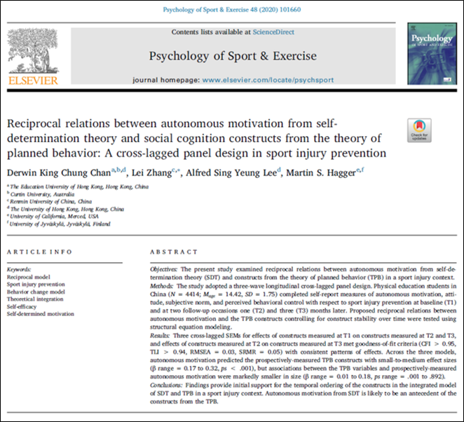 behchangetheory's tweet photo. Important paper on reciprocal relations between #selfdeterminationtheory & #theoryofplannedbehavior constructs using a cross-lagged panel design in sport injury by @derwin_chan & colleagues published in Psychology of Sport & Exercise. 50 free copies here: https://t.co/mtwMzubNzT https://t.co/kRWn2xCxRu
