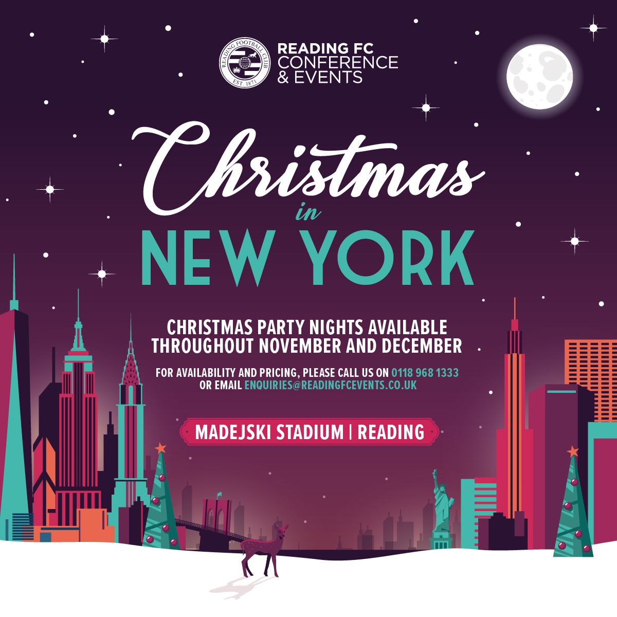 It's never to early to think about your Christmas party..

With dates filling up quickly already, join us for a night under the stars, in the city that never sleeps! 

Contact the team on 0118 968 1333 or enquiries@readingfcevents.co.uk for more information!