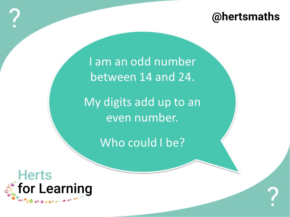 HFLPrimaryMaths's tweet photo. 2 days to go until many schools in Herts and beyond celebrate 20th @NSPCC #NSPCCNumbersDay on Fri 7th Feb. To celebrate we have created some ‘Who could I be?’ number puzzles. Here we've got one to get year 1 pupils thinking… @NSPCCLearning https://t.co/ATAZLNWUia