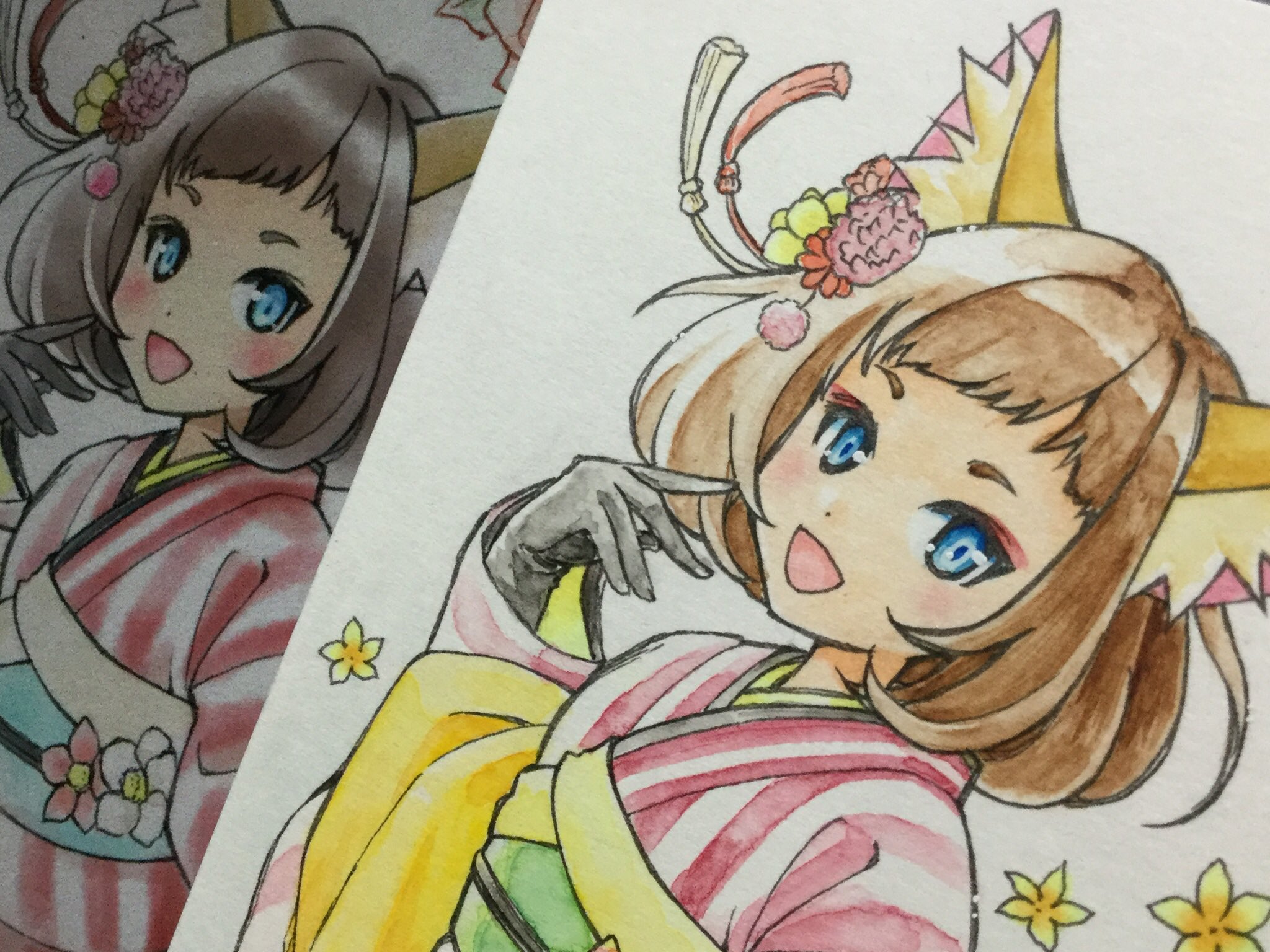 ささつゆ 冬のミニ原画展参加中 1 16サンクリb03a 年明けに買った水彩紙やっと使った ミューズさん Muse Paper のハガキサイズ水彩紙セットより ニューtmkポスター特厚口使用 着色は透明水彩と一部コピックと化粧品のチーク使用 ちなみに左側は