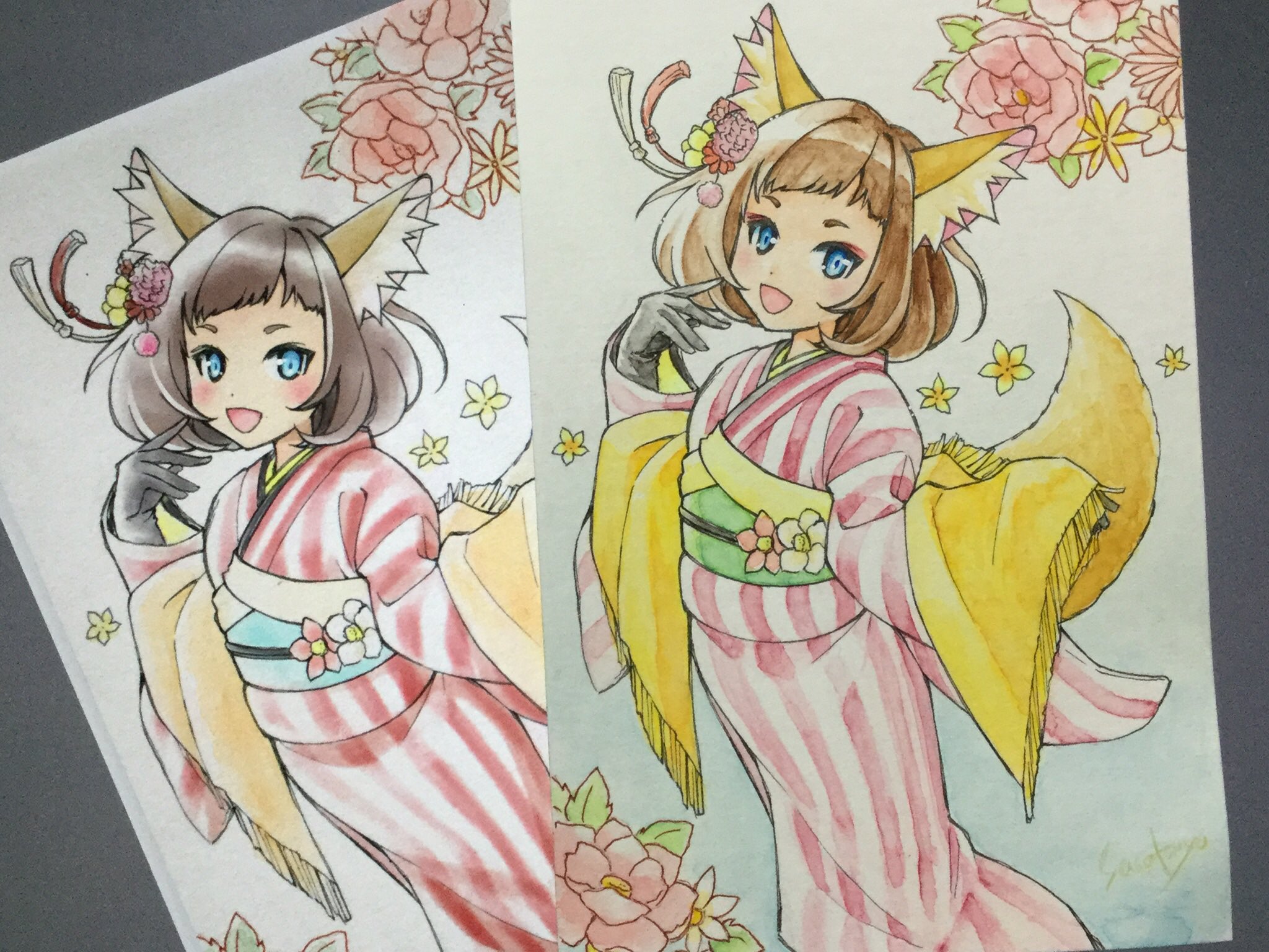 ささつゆ 冬のミニ原画展参加中 1 16サンクリb03a 年明けに買った水彩紙やっと使った ミューズさん Muse Paper のハガキサイズ水彩紙セットより ニューtmkポスター特厚口使用 着色は透明水彩と一部コピックと化粧品のチーク使用 ちなみに左側は