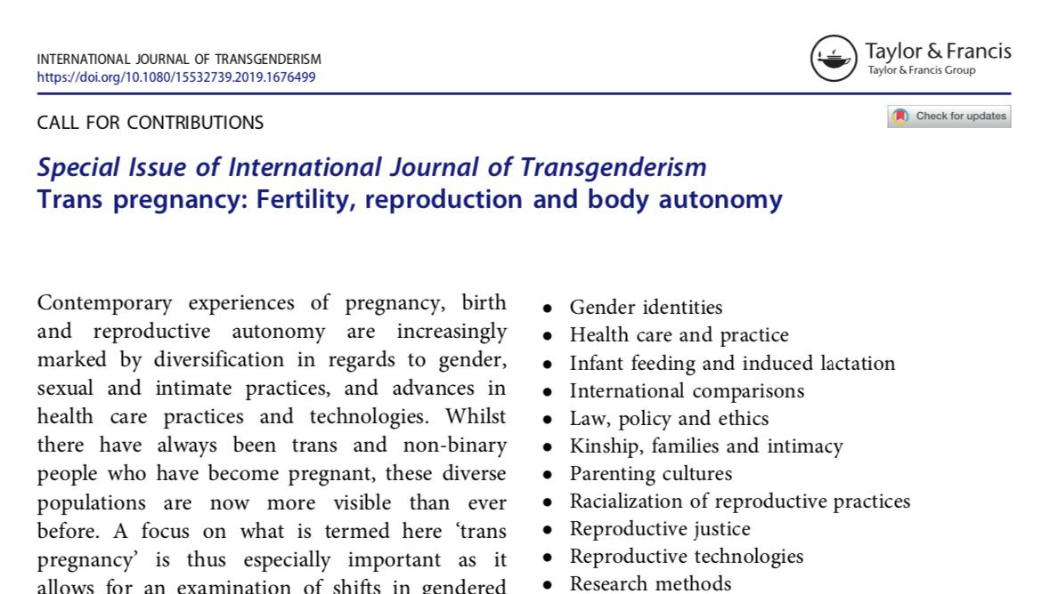 Call for papers for the special issue on trans pregnancy. The text of this document is included in subsequent tweets.