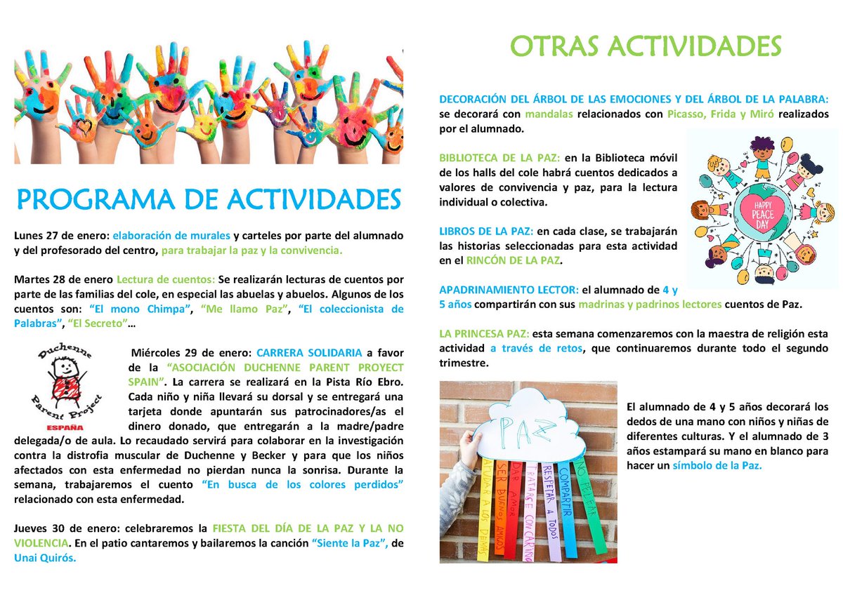 Díptico informativo a las familias de las actividades programadas para la semana de la paz. @convivenciaesc #RetoPorLaPaz