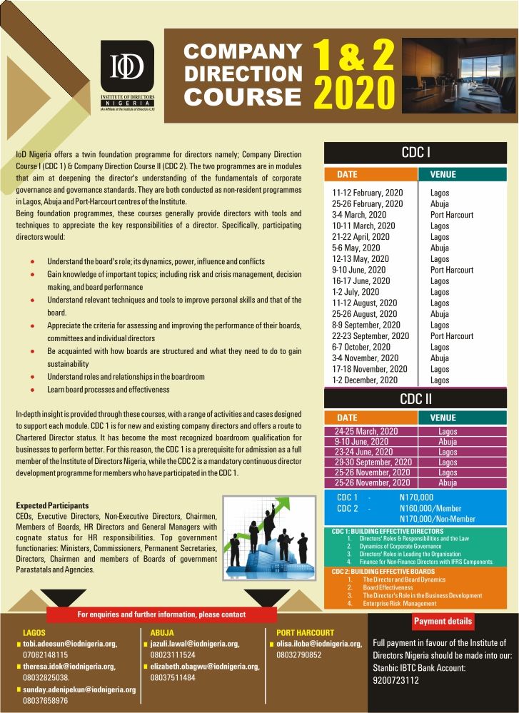 TheIoDNigeria's tweet image. The CDC 1 is a prerequisite for admission as full member of the Institute
of Directors Nigeria, while the CDC 2 is a mandatory continuous director
development programme for members who have the participated in the CDC 1.
#DirectorDevelopment #IoDNigeria