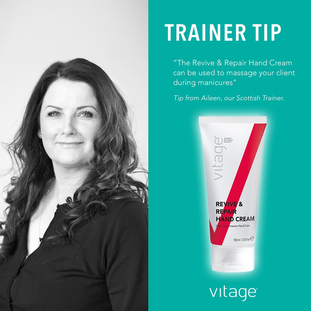 👩‍🏫Trainer Tip: Vitage Revive &amp; Repair Hand Cream is our Scottish Trainer, Aileen's go to #handcream for #manicures:
Non-greasy
Softens + smoothes #skin leaving #hands feeling deeply moisturised
Reduces the appearance of fine lines + age spots
Strengthens fingernails + cuticles