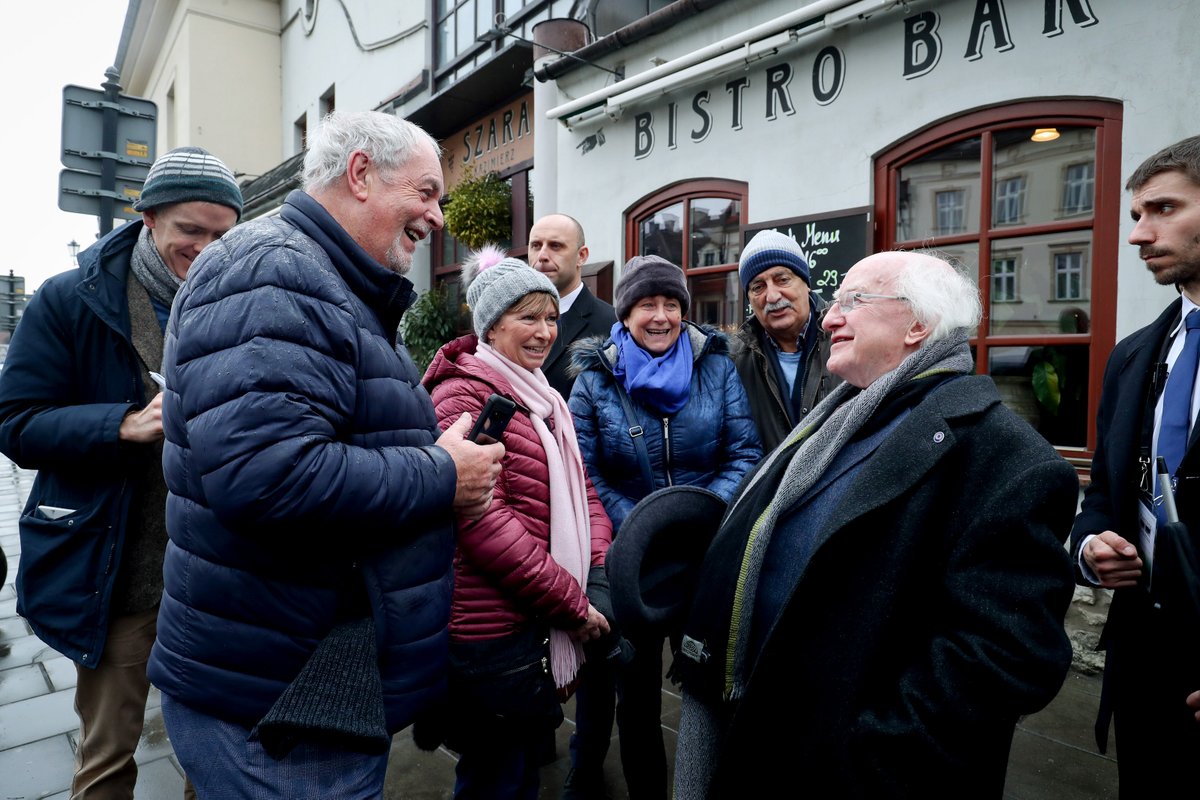 PresidentIRL's tweet photo. President Michael D Higgins today visited the historical centres of Jewish life in Krakow. During his visit to the Kazimierz district of the city, the President met Gerry Kelly and other tourists.

https://t.co/rnMW9Ubjf5 https://t.co/3xNWqJN32D