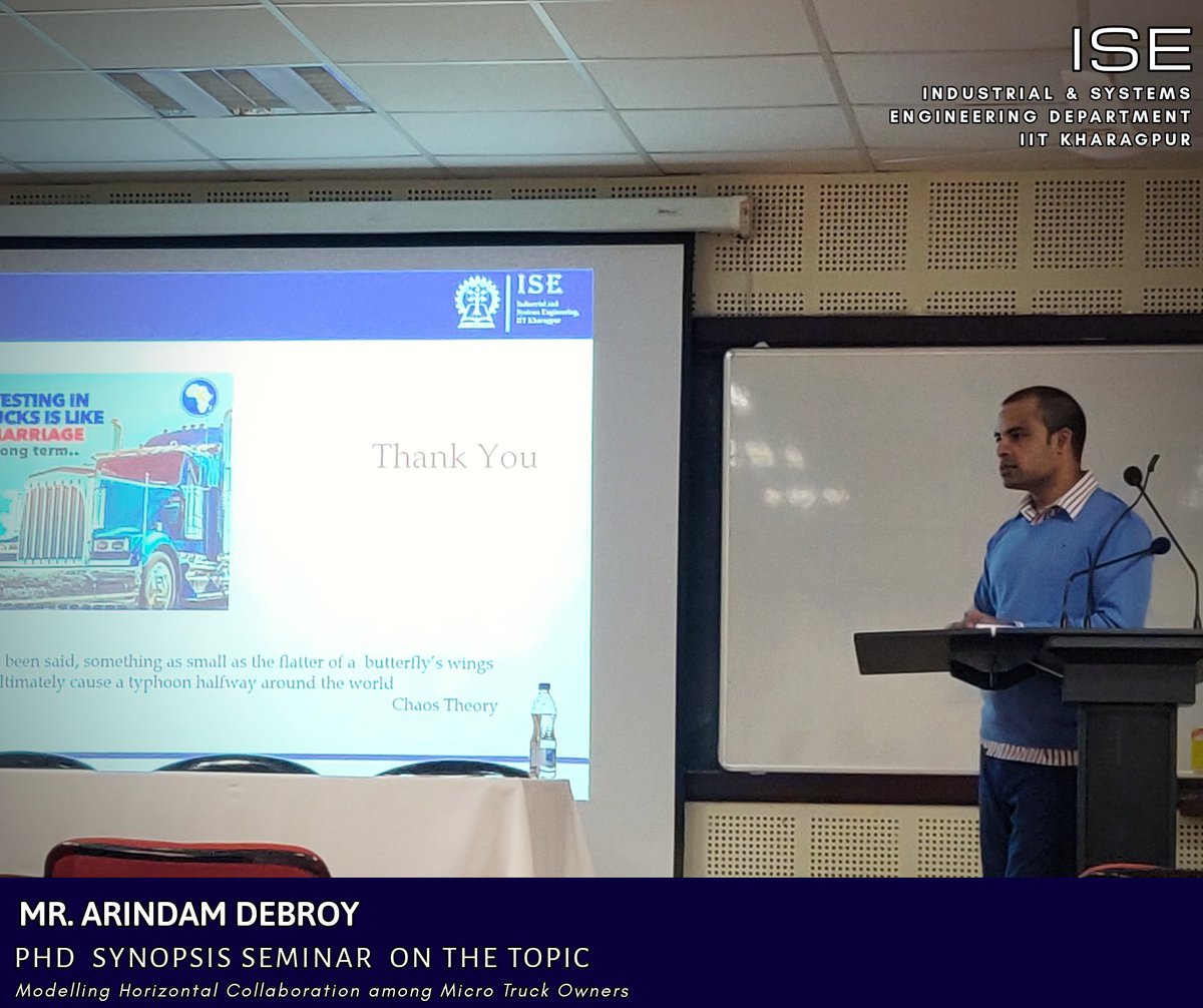 DeptISEIITKGP's tweet photo. Congratulations to Mr. Arindam Debroy @Aandy1709
 for successful #PhD Synopsis Seminar on the topic "Modelling Horizontal Collaboration among Micro Truck Owners" on 28th January 2020.
#HorizontalCollaboration #TruckTransport #SupplyChain #Transportation #logistics https://t.co/IgOvFj54t1