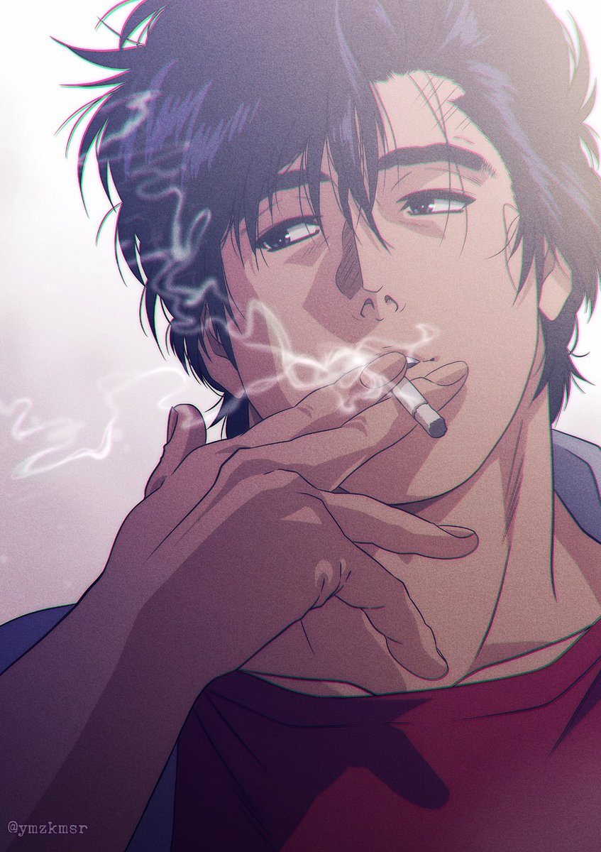 1boy male focus cigarette solo red shirt smoking black hair  illustration images
