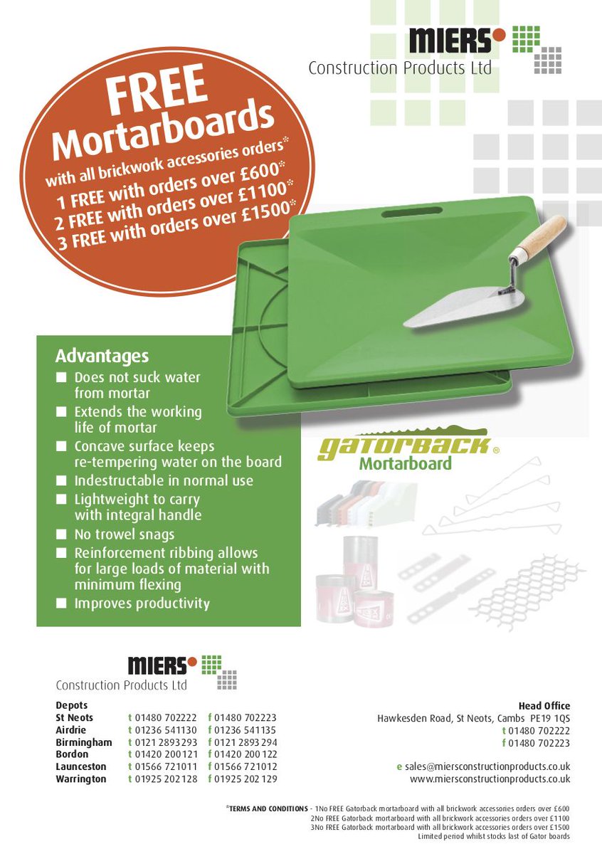 New Gatorback promotion starts February 1st 2020 - Free Mortarboards with all brickwork accessories orders! T's &amp; C's apply - check the image for more details. Limited period while stocks last of Gator boards.
#construction #promotion #gator #gatorboards #mortarboards #brickwork