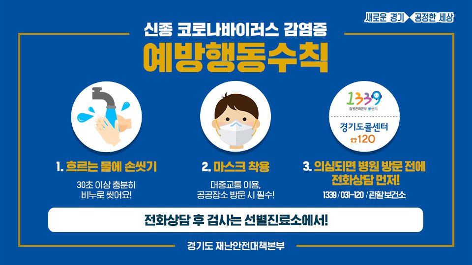 꼭 기억해주세요
.
#경기도 에게는
도민의 건강과 안전이 우선!
.
#도민_여러분 께서는
예방행동수칙 확인이 우선!
.
#예방행동수칙_간단정리
흐르는 물에 30초 이상 손씻기
언제 어디서든 마스크 착용
의심되면 병원 방문 전 전화상담
.
#예방행동수칙_자세히보기
blog.naver.com/gyeonggi_gov/2…