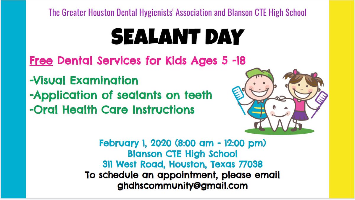 BlansonCTEHS's tweet photo. HAVE YOU HEARD? 

The DENTAL ASSISTANT students are assisting in providing FREE dental services for kids and adults.

HERE'S WHAT YOU NEED TO DO!!

Schedule an appointment by emailing ghdhscommunity@gmail.com

#BlansonBred @ctehosa  @BenIbarraCTE @AldineISD
 @AldineCTE https://t.co/hDBZDSdlZH