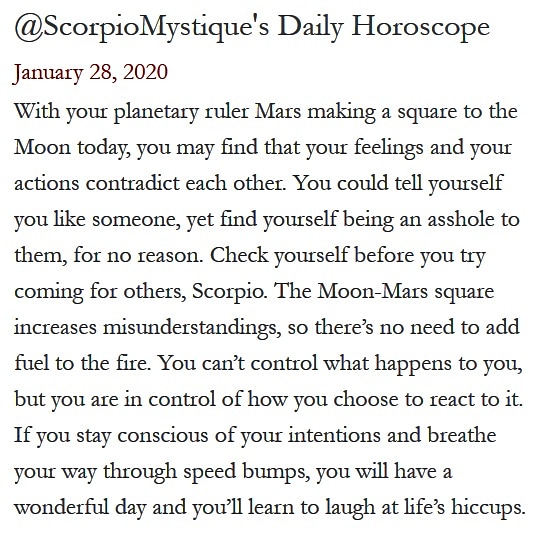 ScorpioMystique's tweet photo. #SMscope 1.28.20 ♏️❤️✨ written by @dossevia #TeamScorpio #Horoscope #Astrology 🦂 #ScorpioMystique https://t.co/5SY1wzEGkD