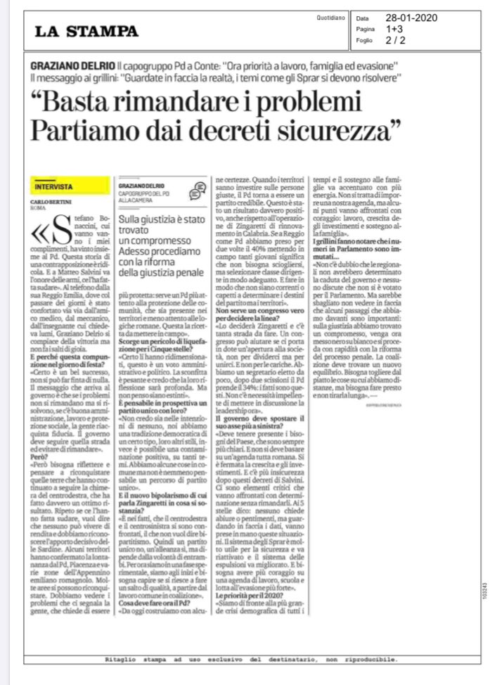 graziano_delrio's tweet photo. Cosa ci insegna la vittoria di @sbonaccini in #EmiliaRomagna? Più vicini alla gente che chiede protezione e un @pdnetwork più presente nei territori e lontano dalle logiche di palazzo. Nell’intervista di oggi a @LaStampa https://t.co/x7WSRDiKy7
